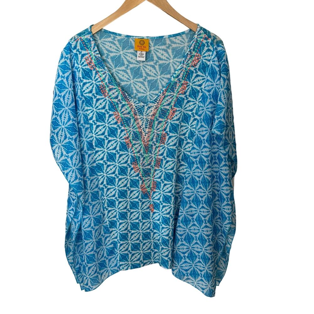 Ruby Rd. Poncho Tunic Top Womens 1X Blouse Plus Size 1X Blue Tropical Pullover